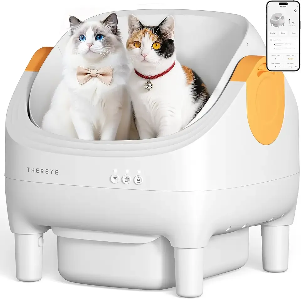 Thereye Self Cleaning Cat Litter Box, Open-Top Automatic Litter Box with Smart App and Safety Sensors, Large Auto Litter Box for Multiple Cats, 10L Waste Bin with Odor Control, Includes Trash Bag