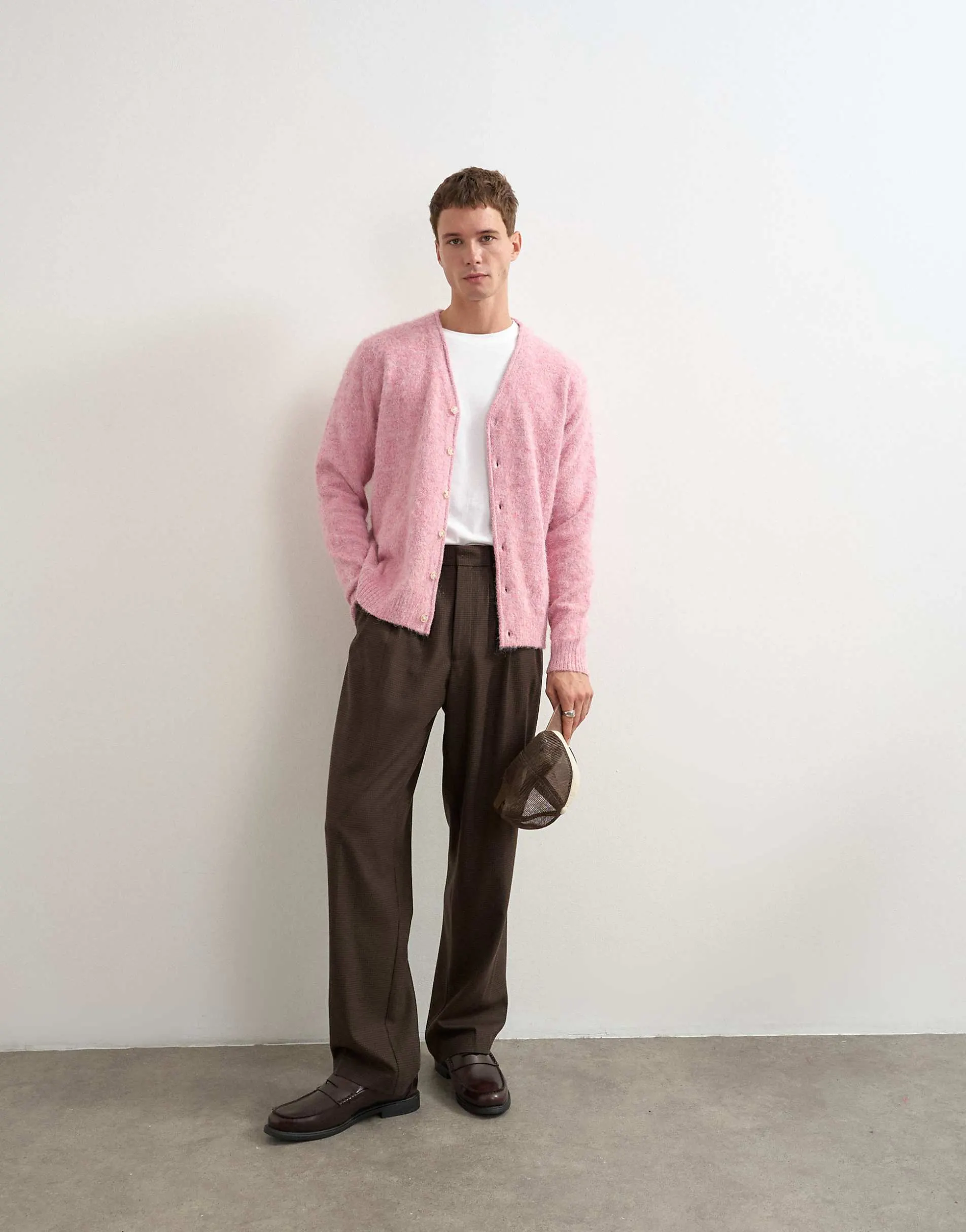 Topman wide leg puppytooth trouser with triple pleats in brown