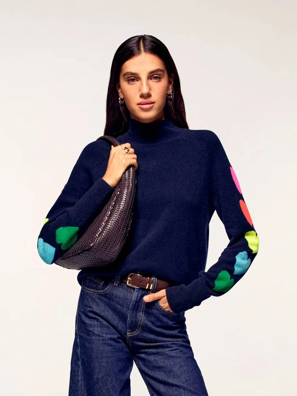 MULTI-COLORED HEARTS MOCK-NECK SWEATER