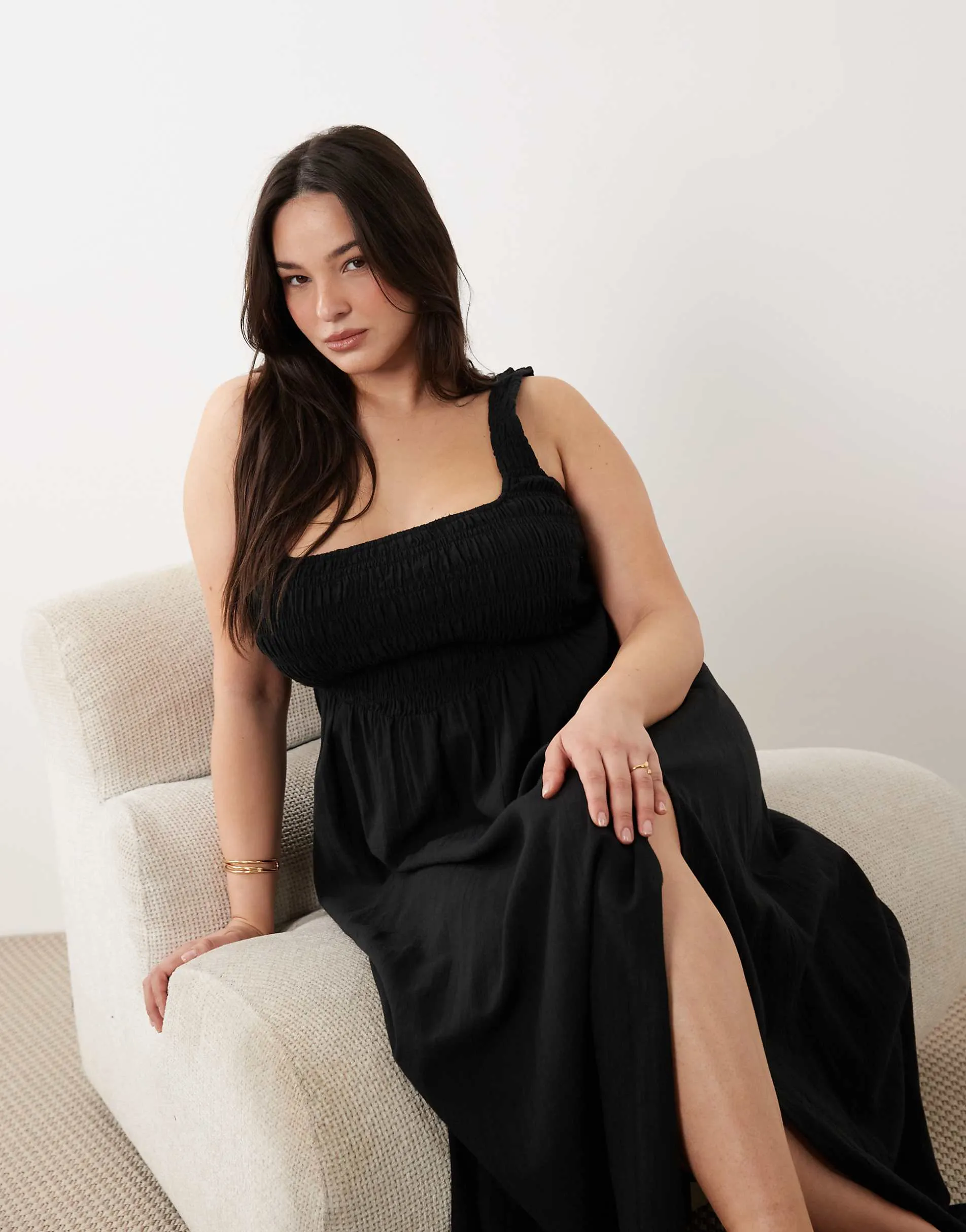 ASOS DESIGN Curve Selina beach textured cotton shirred maxi sundress in black