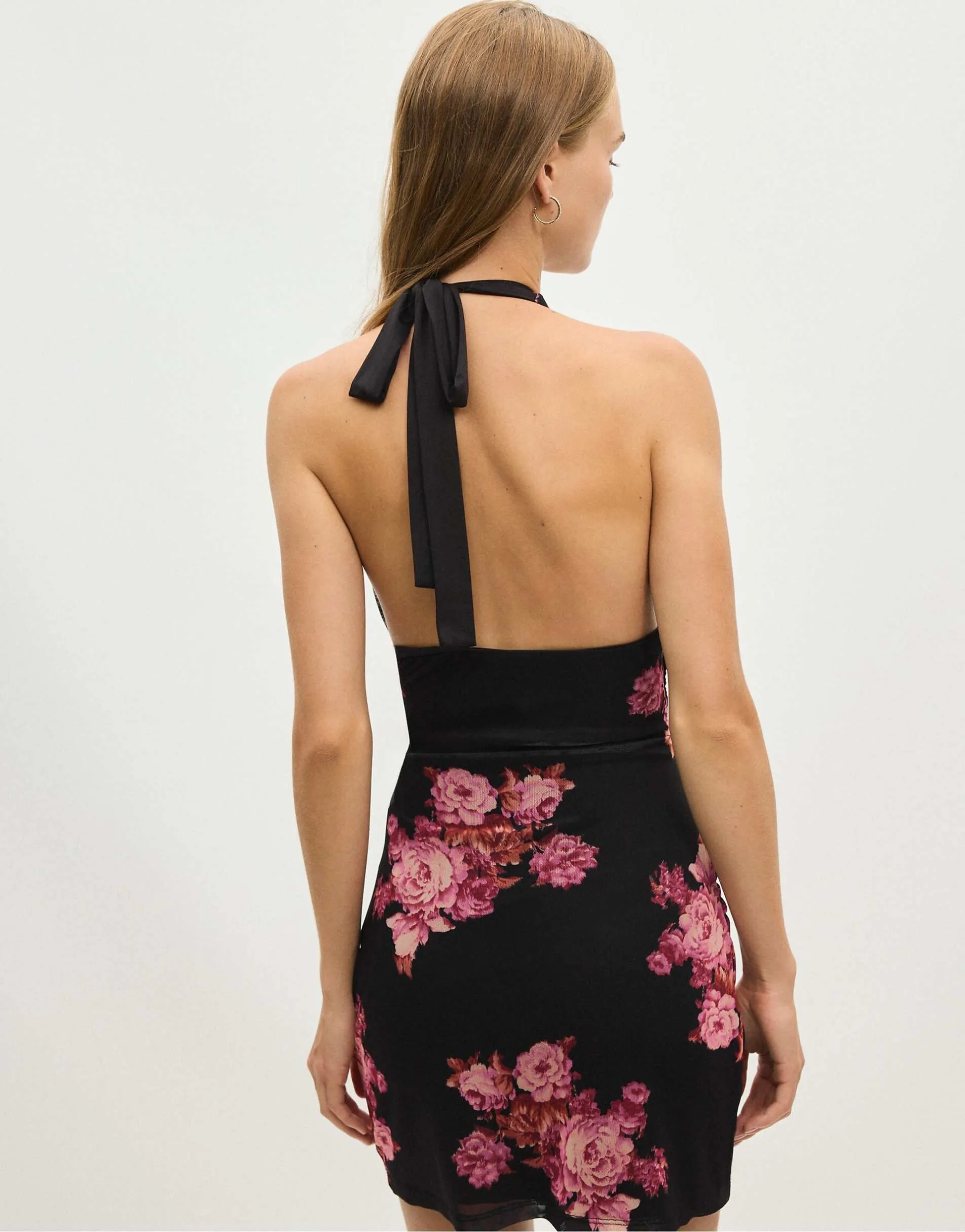 Stradivarius Floral print fitted tulle short dress in black