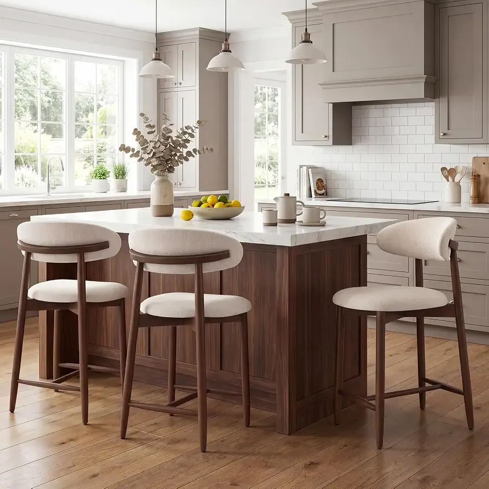 MALOL Counter Height Bar Stools Set of 3, Kitchen Bar Stools with Back, Mid Century Modern Upholstered Barstools with Wood Legs for Kitchen Island Dining Room, Beige