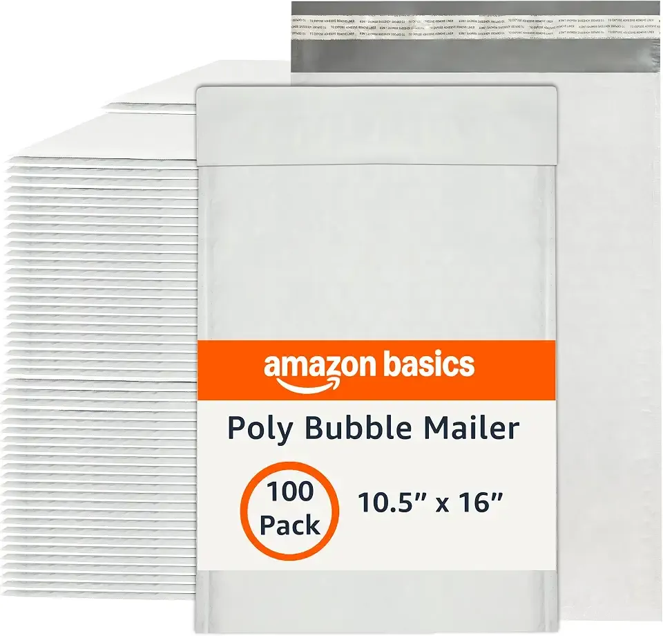 Amazon Basics Poly Bubble Self-Seal Mailers, Water-Resistant, Tear-Resistant, 10.5" x 16", White/Grey, 100-Pack