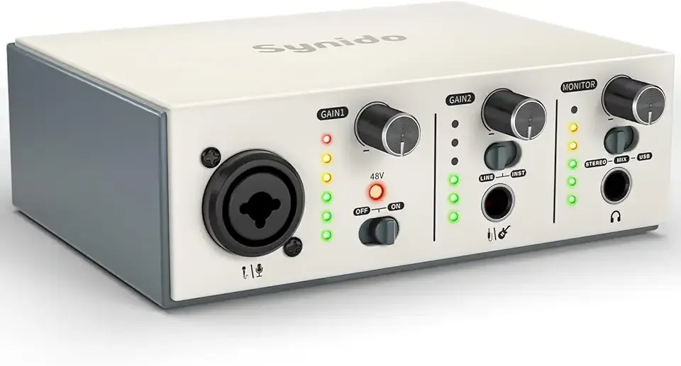 Synido USB C Audio Interface for Recording Music, Streaming, Podcasting with XLR, Line Input, 24bit/48kHz, 48V Phantom Power, 2-channel, Silver