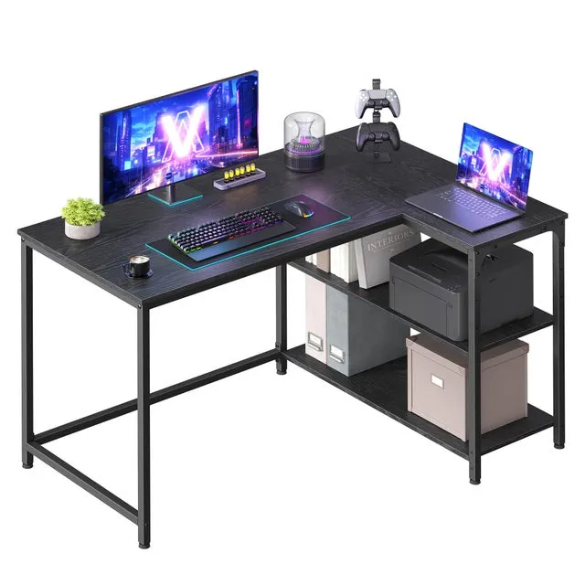 Escritorio gaming con estantería y baldas de altura regulable, 110x80 cm, negro ébano