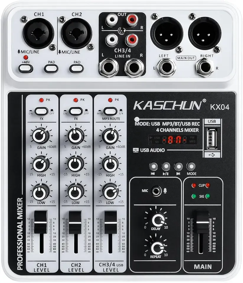 Professional 4-Channel DJ Audio Mixer, Bluetooth Sound Board with USB MP3 Input & 48V Phantom Power for Karaoke, Podcasting, Live Streaming & Home Recording