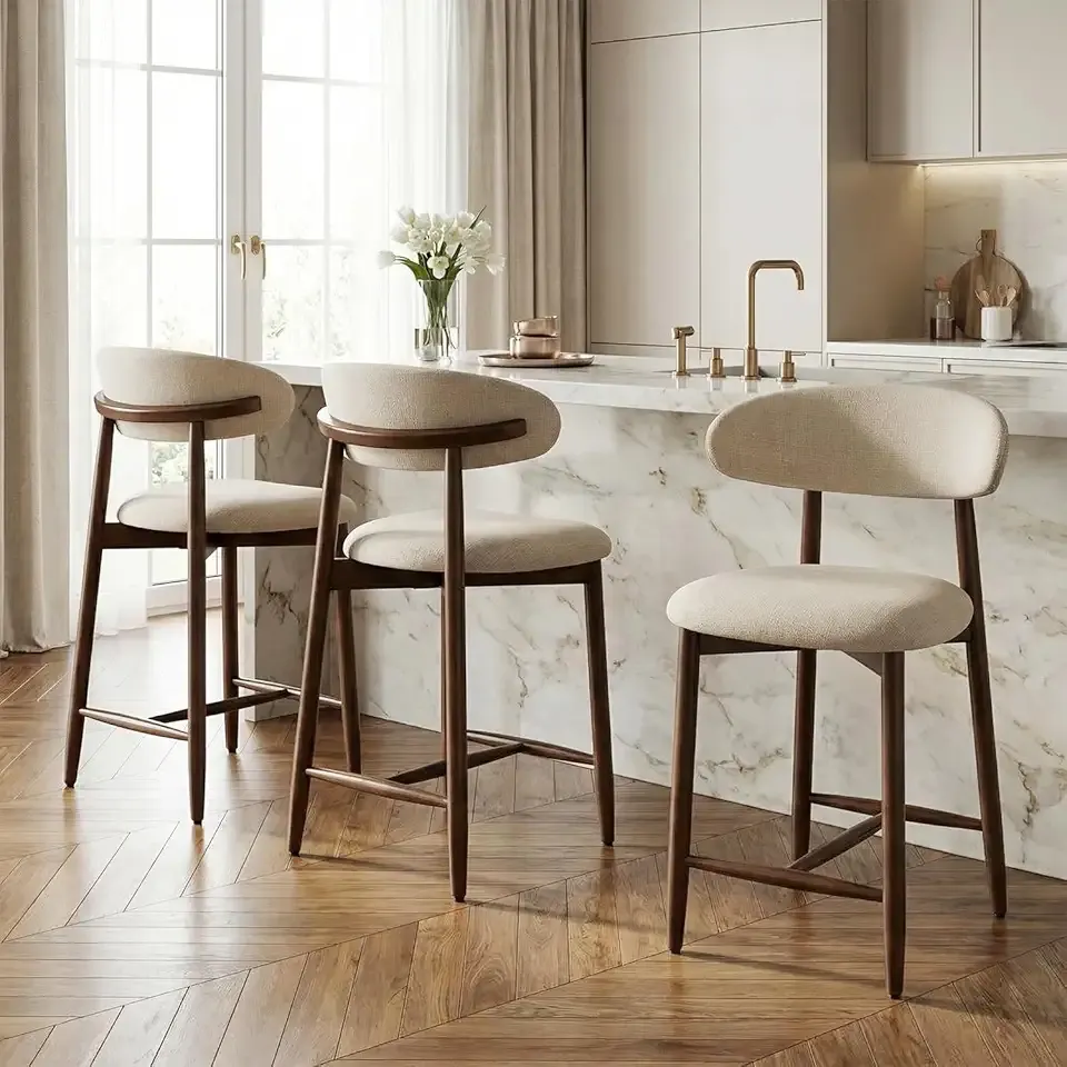 Bar Stools Set of 3, 25.6″ Counter Height Bar Stools with Wood Legs, Upholstered Modern Kitchen Barstools for Kitchen Island Dining Room Bar, Beige