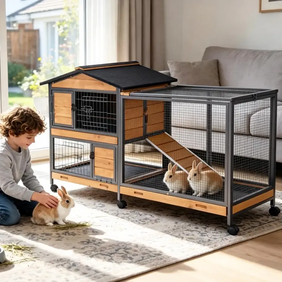 Extra Large Wooden Rabbit Hutch on Wheels with Reinforced Full Iron Frame