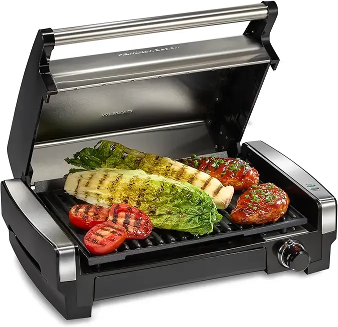 Hamilton Beach Electric Indoor Searing Grill with Adjustable Temperature Control to 450F, 118 sq. in. Surface Serves 6, PFAS-Free Removable Nonstick Grate, Stainless Steel (25360)
