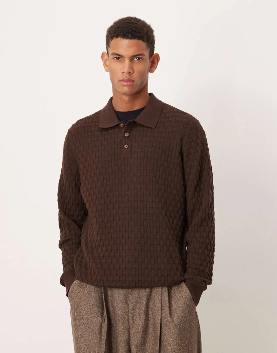 ASOS DESIGN knitted textured long sleeve polo in brown