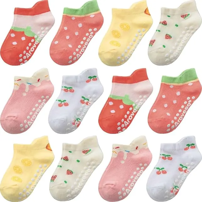 Baby Toddler Socks Grip Non Slip Boys Girls Kids Cotton 12 Pack Ankle Socks | Premium Cotton Soft Breathable,Anti-Slip Grips,6 Month-7T Grippy Toddler Socks,Elastic Cuffs,Unisex Daily All Season Wear