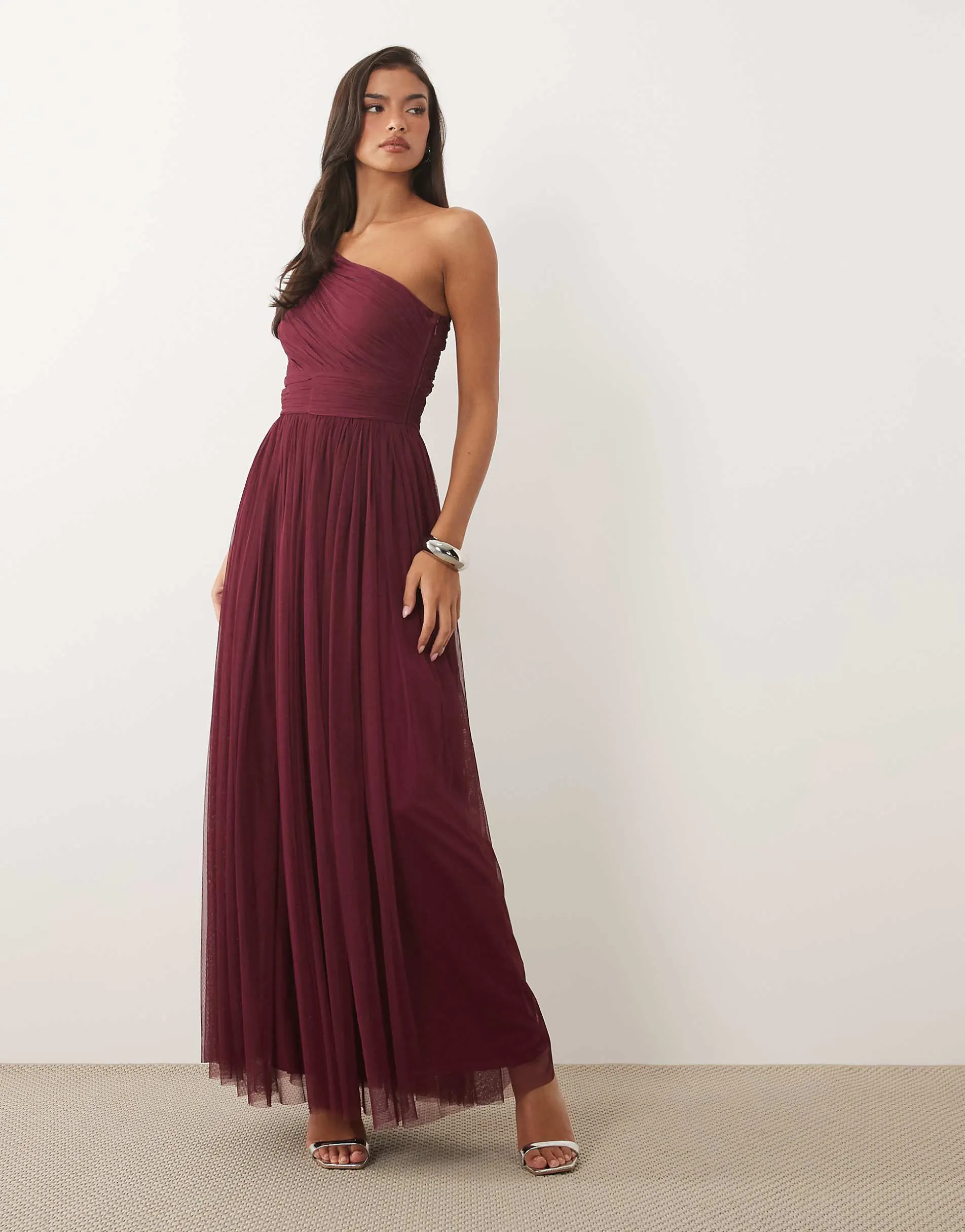 Lace & Beads Bridesmaid one shoulder scarf neck maxi dress in fig