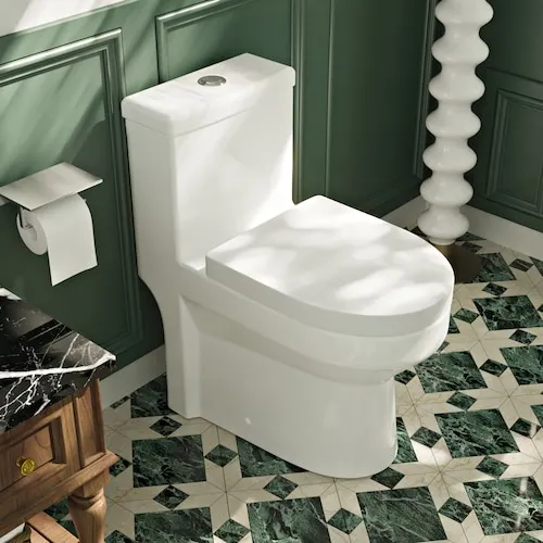 DeerValley 12 in. Rough In 1-Piece 1.1/1.6 GPF Dual Flush Round Toilet in White, Chrome Button and Soft Close Seat Included