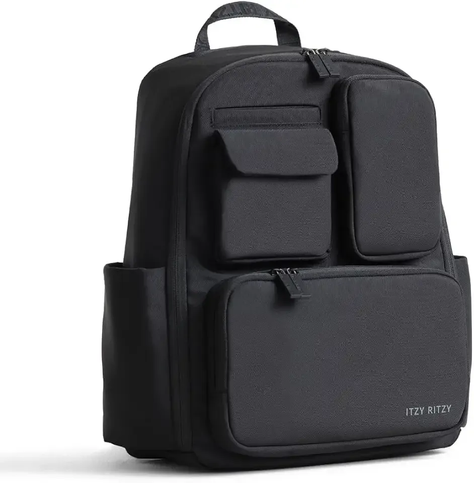 Itzy Ritzy Utility Diaper Bag Backpack – Features 17 Pockets (Including 2 Insulated Bottle Holders) & Trolley Sleeve and Includes Stroller Straps & Changing Pad – Part of the Belong Collection (Black)