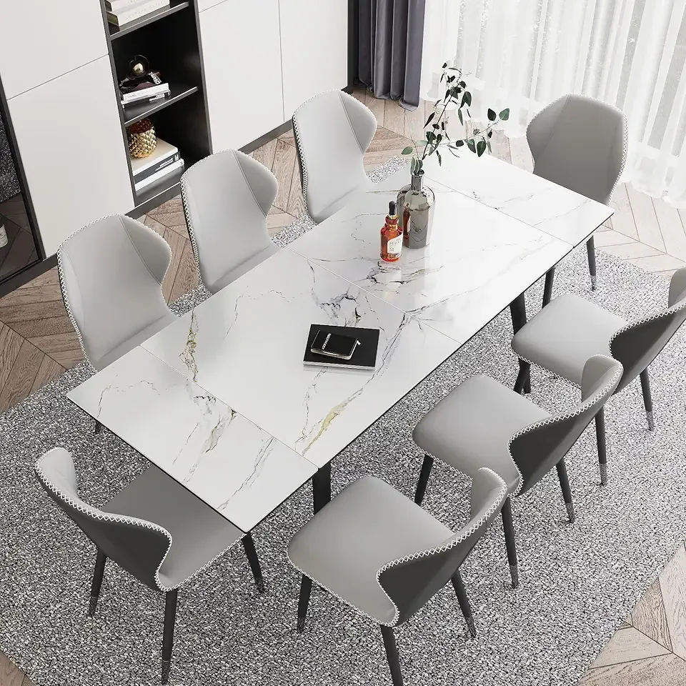 Extendable Dining Table for 4-8, 55"- 78" Rectangular Sintered Stone Dining Room Table, Faux Marble White Kitchen Table for Dining Room Family Gathering