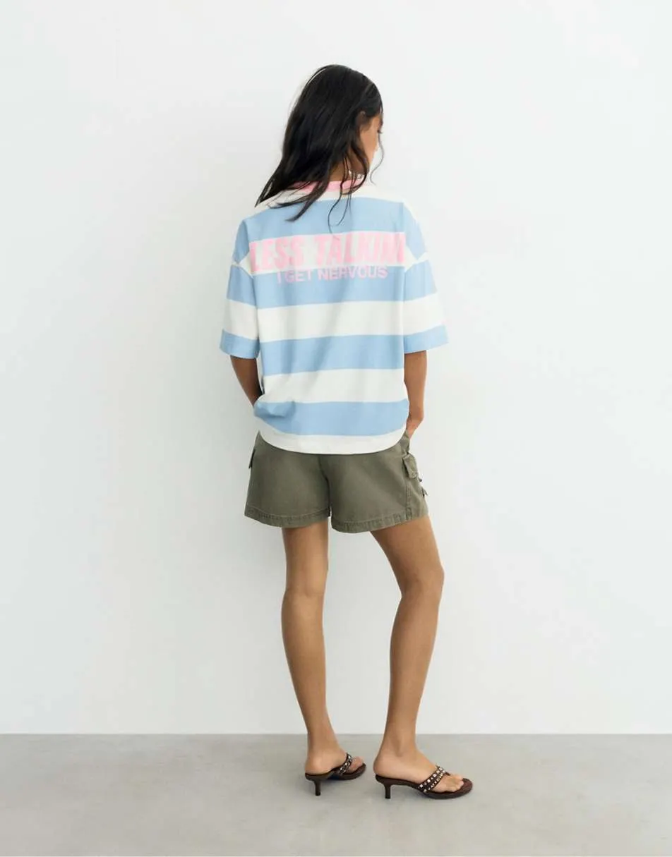 Pull&Bear Oversize striped graphic t-shirt in pale blue