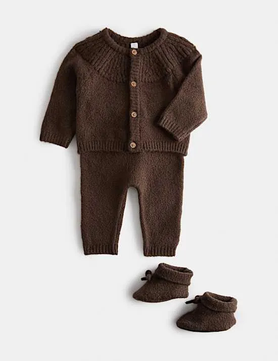 3-tlg. Strick-Outfit mit Babystiefelchen (3,2 kg – 12 M.)