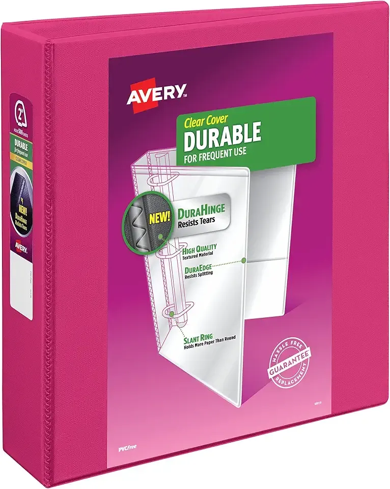 Avery Durable View 3 Ring Binder, 2 Inch Slant Rings, 2.8 Inch Wide Spine, Customizable Clear Cover, Ideal for School, Office, and Home Organization, 1 Pink Binder (17836)
