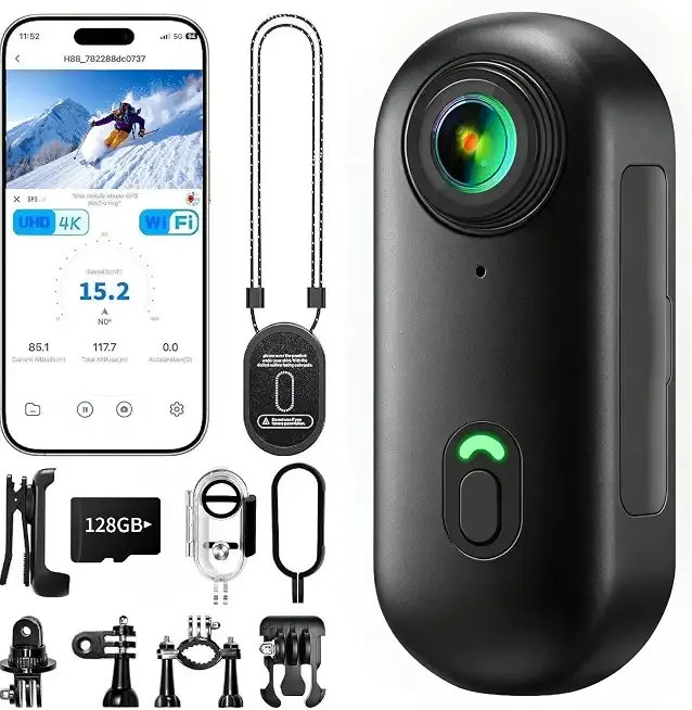 4K Mini Body Camera, Wearable Action Body Cam, Sports Action Camera Thumb Size Hands-Free Recording Body Worn Camera, Portable Camcorder Mount Anywhere for Work, Travel,Fishing (Black, 128, GB)