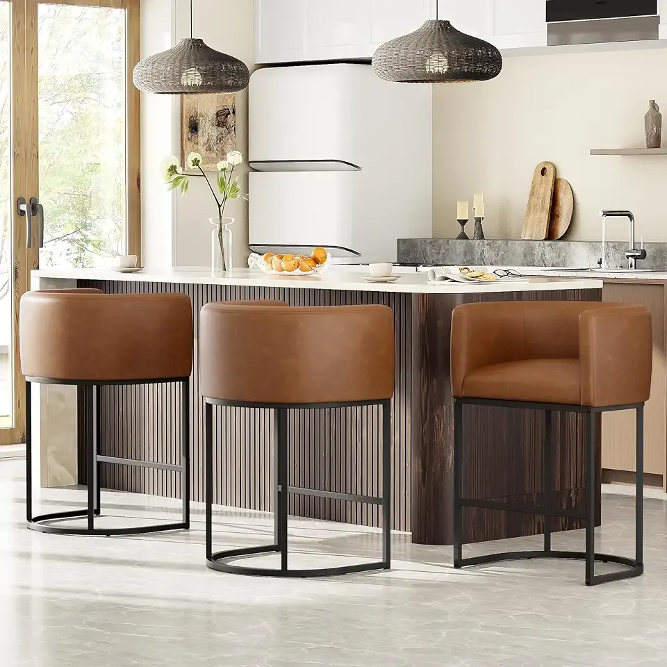 26" H Counter Height Bar Stools Set of 3, Modern Barrel Counter Stools with Backrest and Arms, Faux Leather Upholstered Accent Barstools for Kitchen Island,Support 450 LBS (Walnut Brown