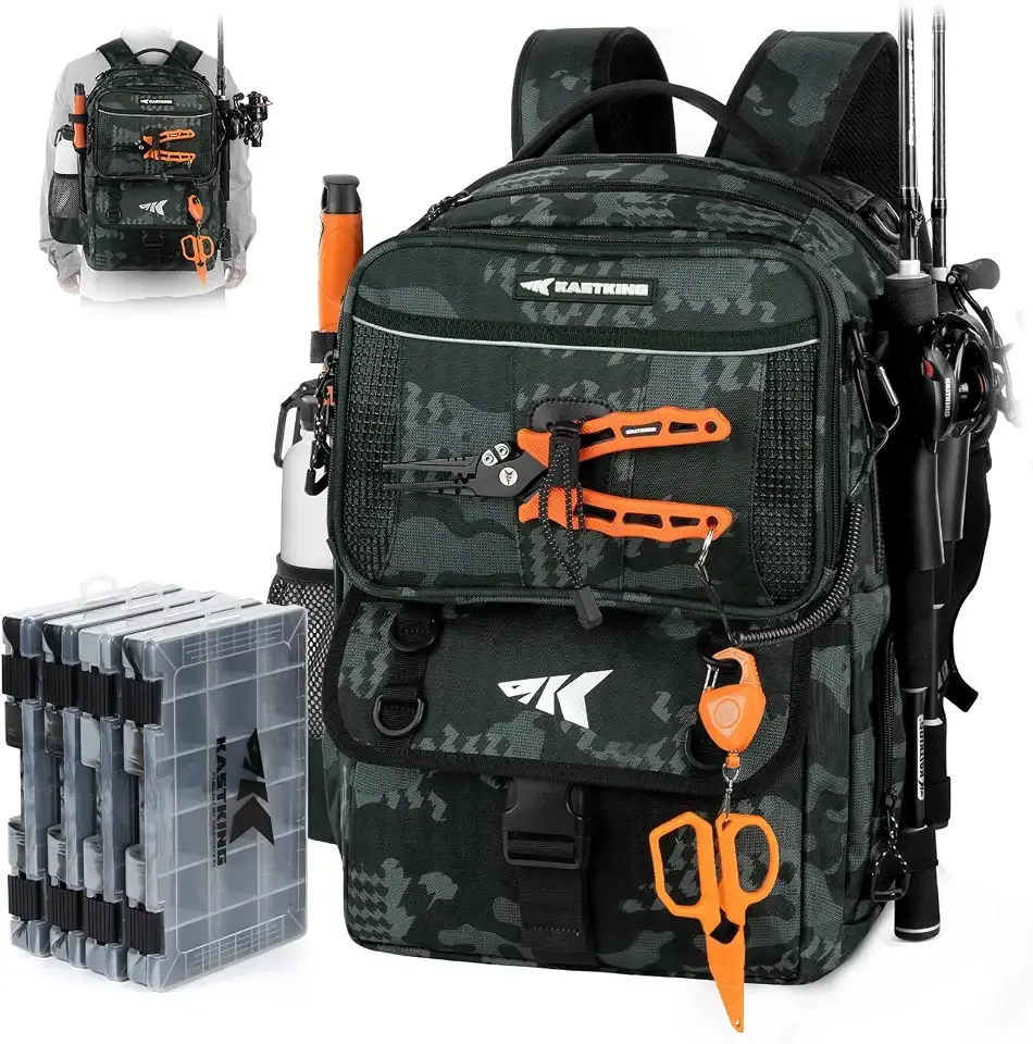 KastKing BaitSpace Fishing Tackle Backpack with Removable Bait Binder,2 Rod Holders Storage Fishing Gear and Equipment | 50L Capacity Tackle Backpack, Water-Resistant Fishing Bag Storge Fishing Gear, Gift for Men