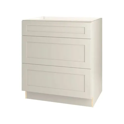 Thomasville Nouveau Rhett 30-inch W x 34.6-inch H x 24-inch D Shaker Style Assembled Kitchen Base Cabinet/Cupboard in Mortar Light Grey with 3 Soft Close Drawers (BD303V)