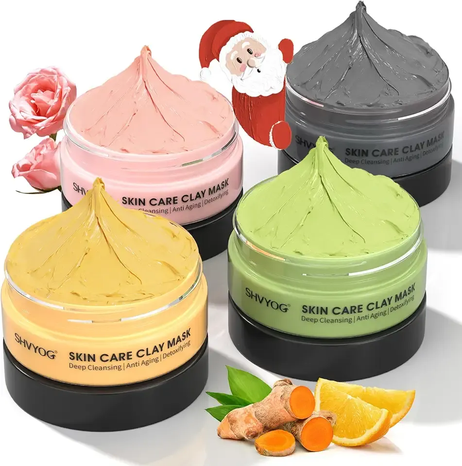 SHVYOG 4Pcs Face Mask Set - Turmeric Clay Mask, Vitamin C, Green Tea, Rose, Dead Sea Mud Mask, Skin Care Mask for Deep Cleansing, Refining Pores, Stocking Stuffers for Women, Gifts for Women- 240g