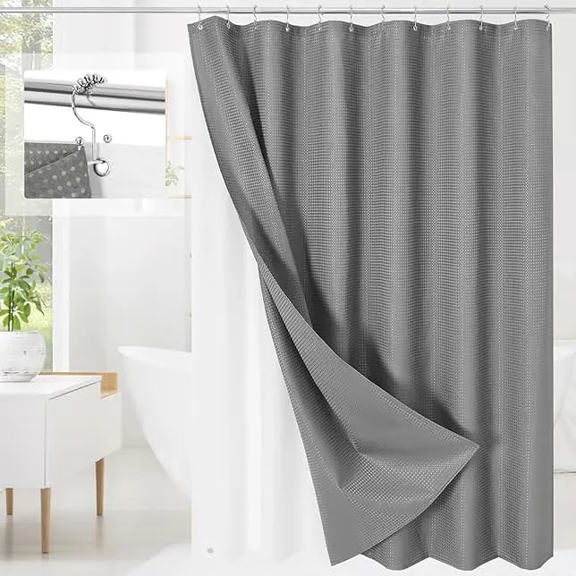 Craidlela 3 in 1 Shower Curtain Set, Grey Waffle Shower Curtain and PEVA Liner Set with 12 Stainless Steel Shower Curtain Hooks, Gray Waterproof Fabric Shower Curtains for Bathroom, 72 W x 72 H