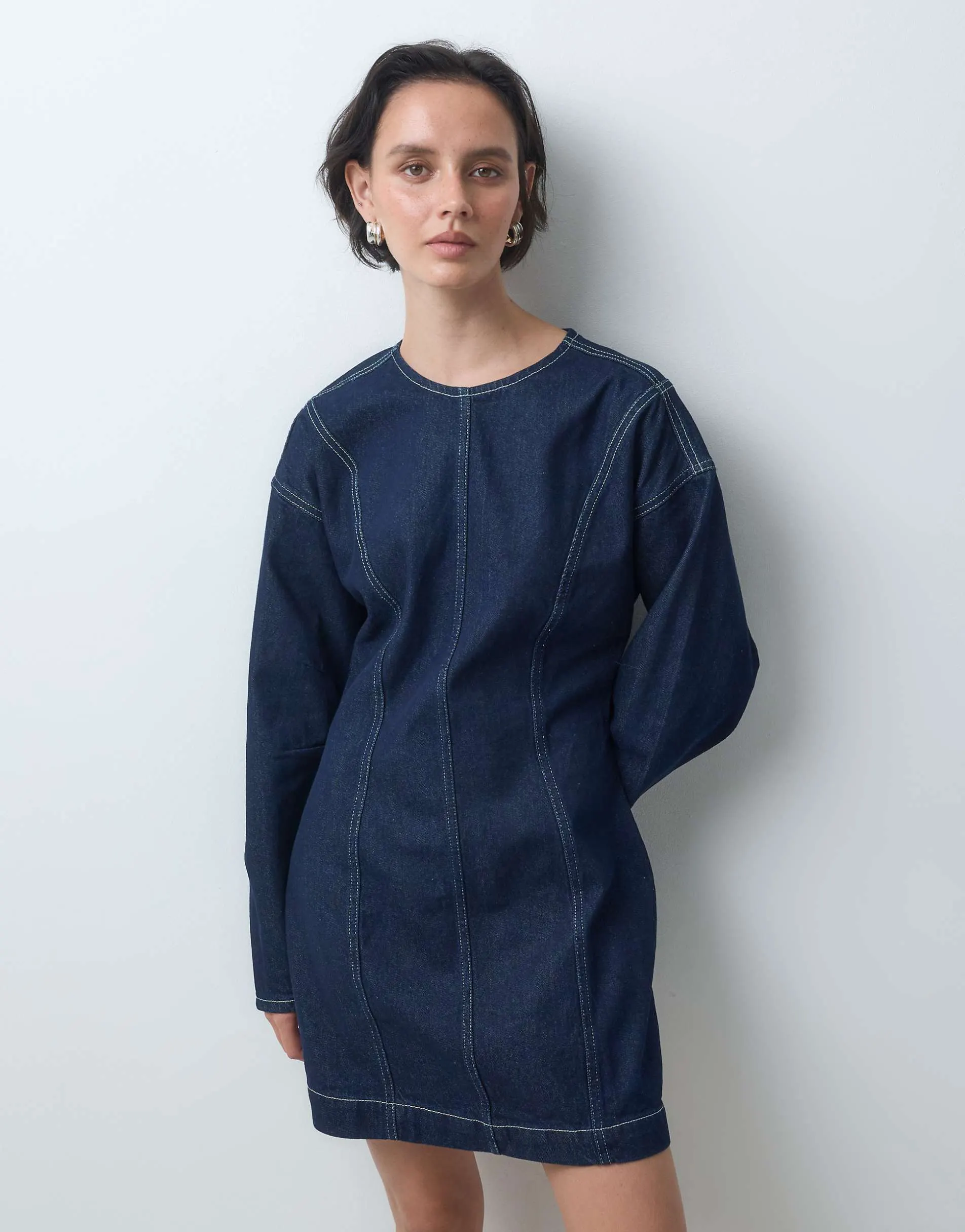 ASOS DESIGN denim seamed long sleeve mini dress in rinse
