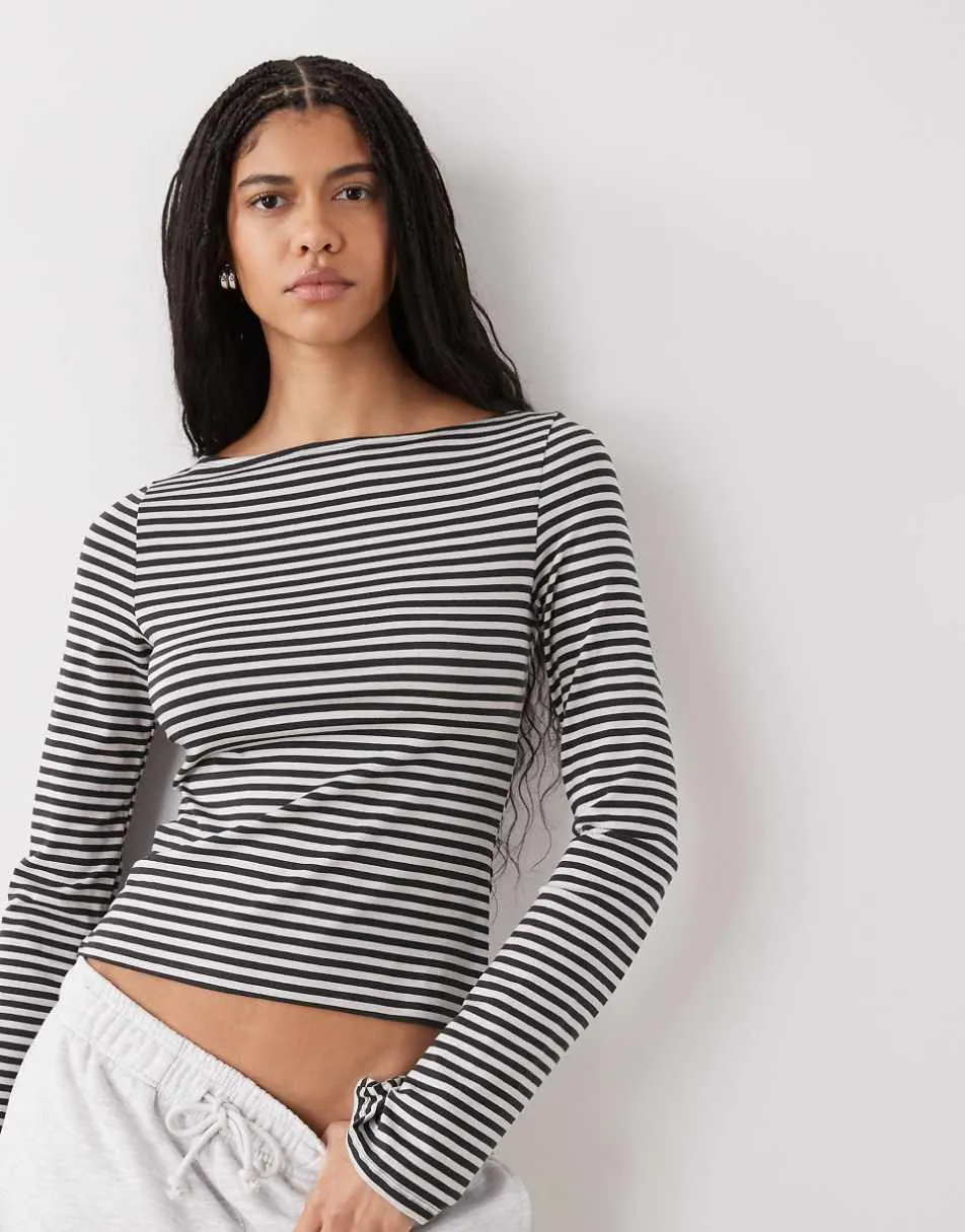 Weekday Annie soft boat neck long sleeve top in dark grey and light grey stripe exclusive to ASOS