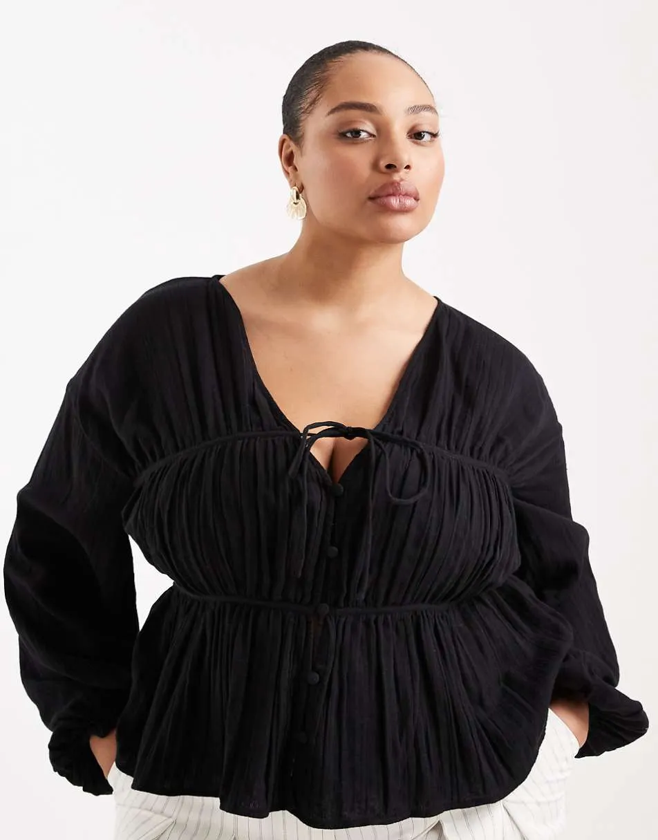 ASOS DESIGN Curve long sleeve smock top with button front in black