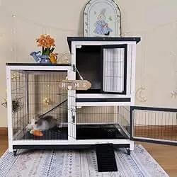 FunXplore 2-Tier Rabbit Hutch, Indoor & Outdoor Mobile Bunny Cage with Urine Guards, Weatherproof Asphalt Roof, 2 Pull Out Trays, Sturdy Small Animal Cage for Guinea Pig