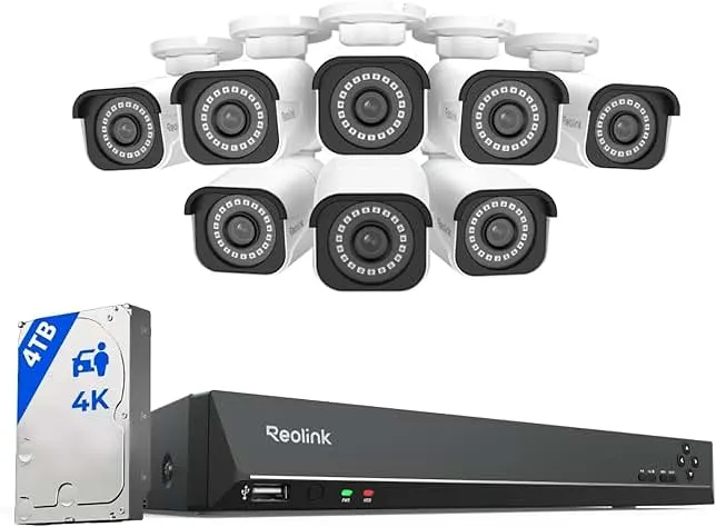 REOLINK 4K Security Camera System, RLK16-800B8 8pcs H.265 PoE Wired with Person Vehicle Detection, 8MP/4K 16CH NVR with 4TB HDD for 24-7 Recording