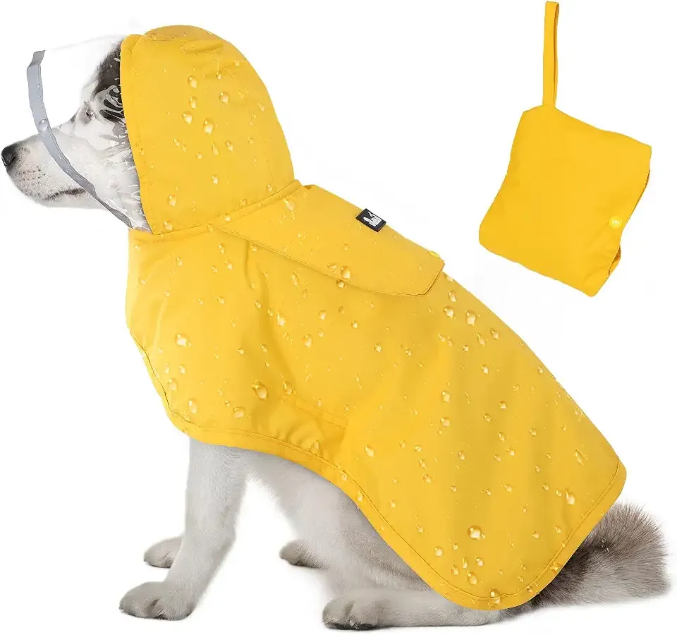 Lukovee Dog Raincoat, Waterproof Rain Jacket, Clear Hood & Reflective Rim | Easy On Off Adjustable Straps, Leash Hole, Soft Mesh Lining, Storage Pocket, Poncho for Small Medium Large Dogs (Yellow, L)
