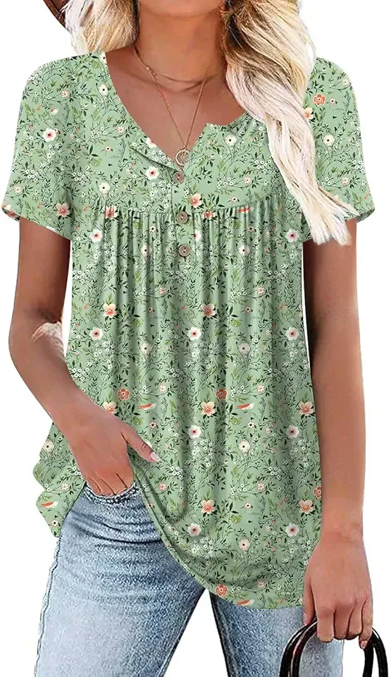 Women's Summer Plus Size Tops Short Sleeve Shirts Henley Fit Tunic Ladies Flowy Blouse