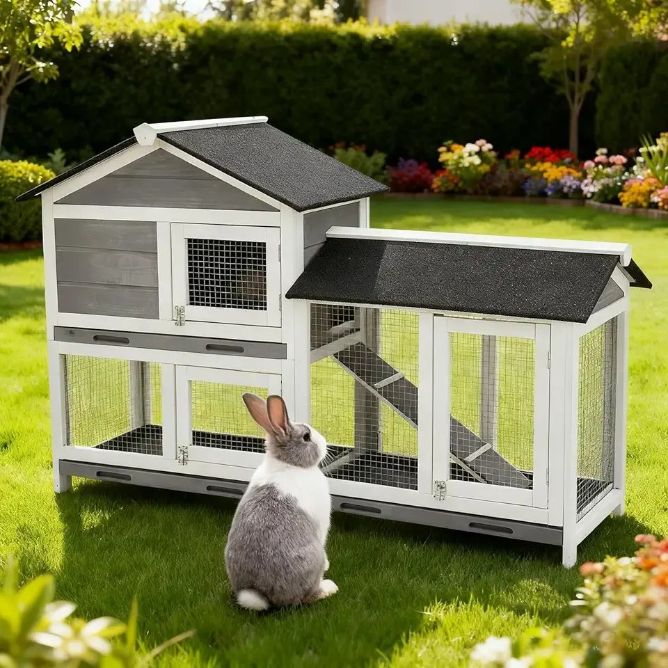 63 in Bunny Hutch Indoor Bunny Cage, with 3 Leak-Proof Removable Trays, Wooden Waterproof Roof Rabbit Hutch Indoor/Outdoor, 2-Tier Bunny House/Chicken Coop, Gray and Black