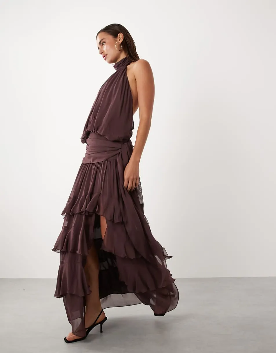 Mango high neck backless ruffle maxi dress in brown