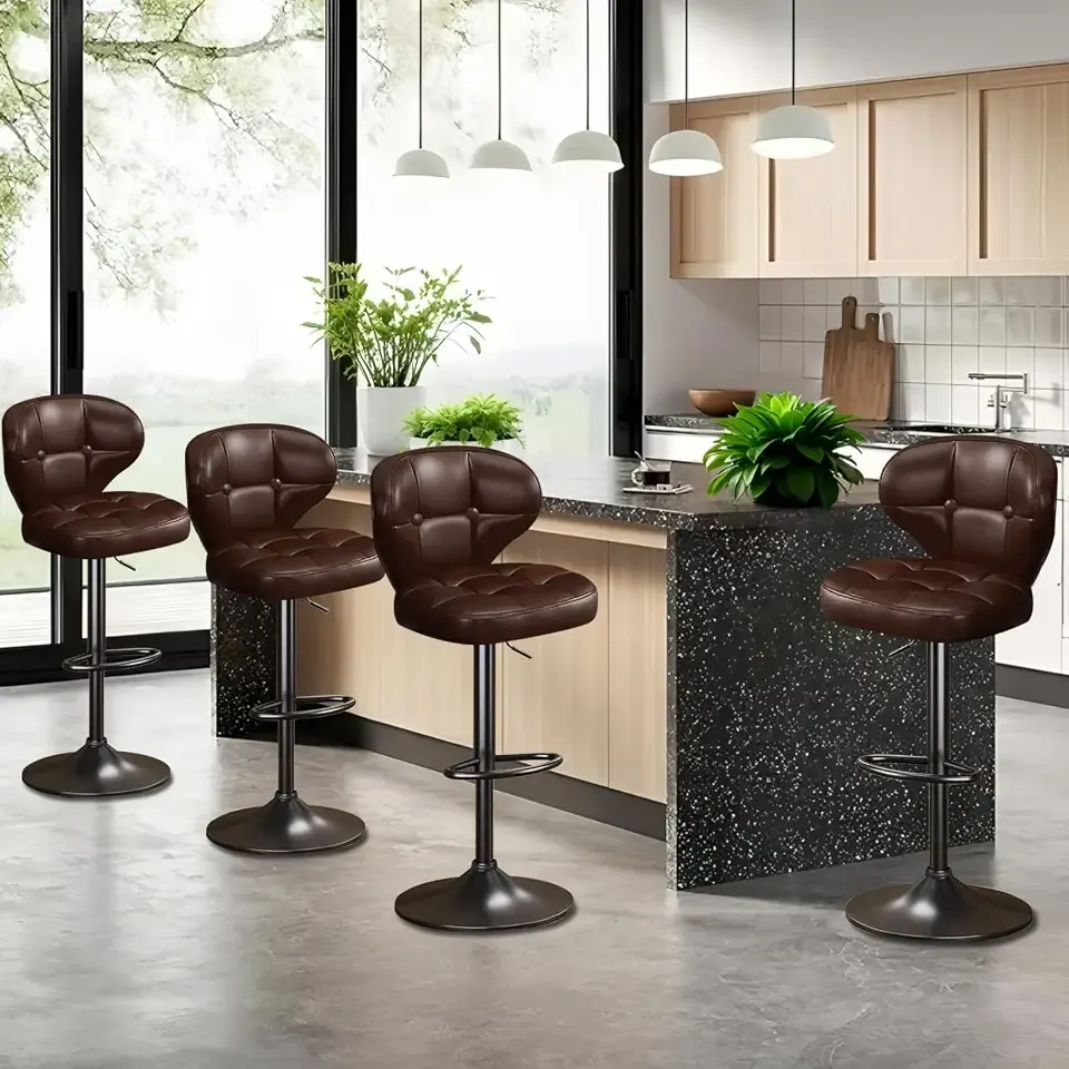 Bar Stools Set of 4, Adjustable Swivel Bar Chairs with 360° Rotation, Padded Counter Stools with Back and Footrest for Kitchen Island, Bistro, Cafe, and Home Use Brown-4PCS