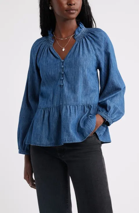 Peplum Cotton Chambray Top