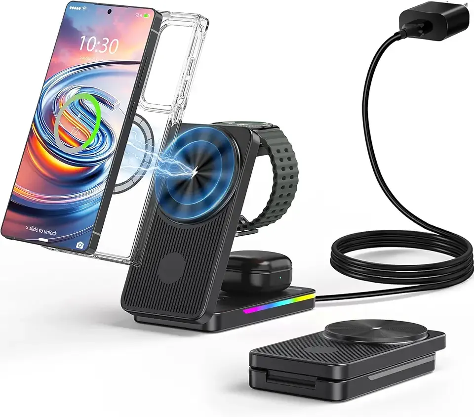Wireless Charger for Samsung, 3 in 1 Charging Station for Samsung - Magnetic Android Charging Station for Galaxy S26 Ultra, Z Fold/Flip & Buds4 Pro - Nightstand Organizer & Bedside Charger for Travel