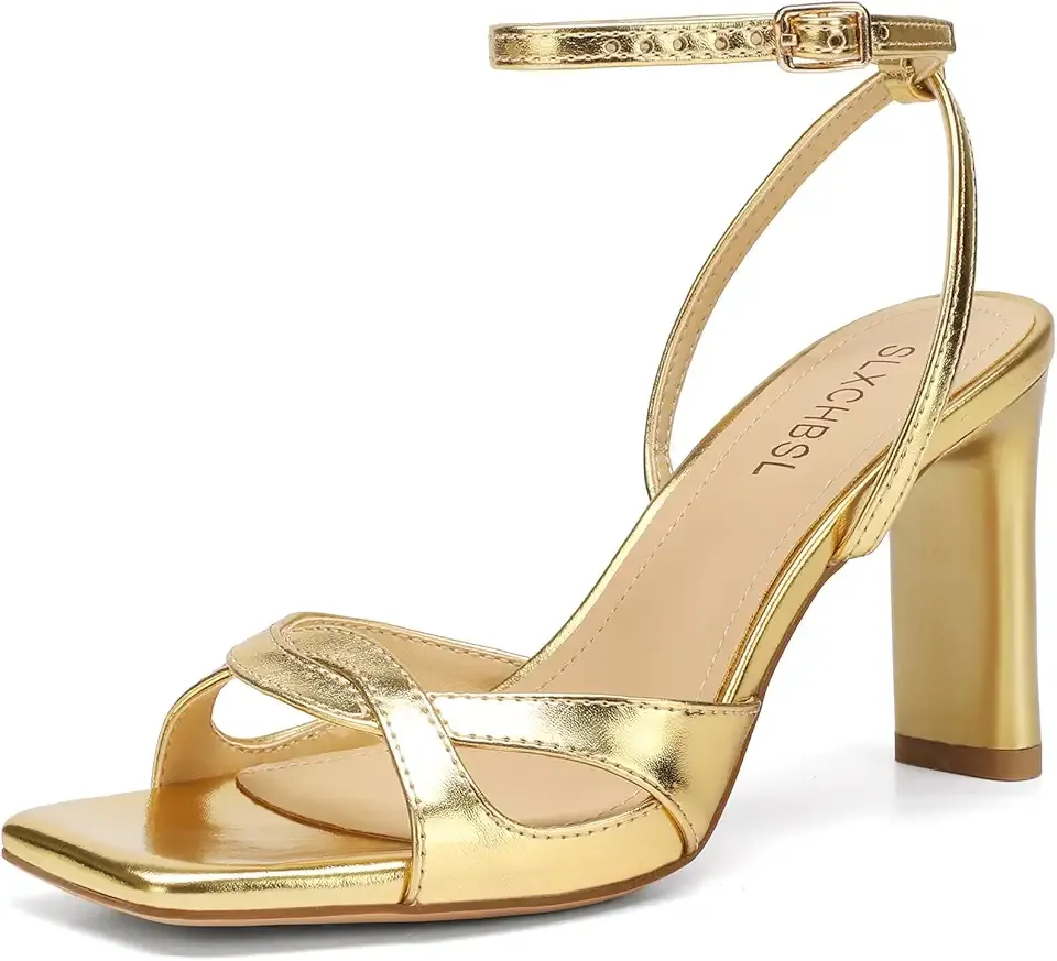 Women'S Strappy Heels For Women 3.2 Inch Chunky Block Heels Straps Square Open Toe Sandals With Adjustable Ankle Strap Comfortable Wedding Party Dress Heels