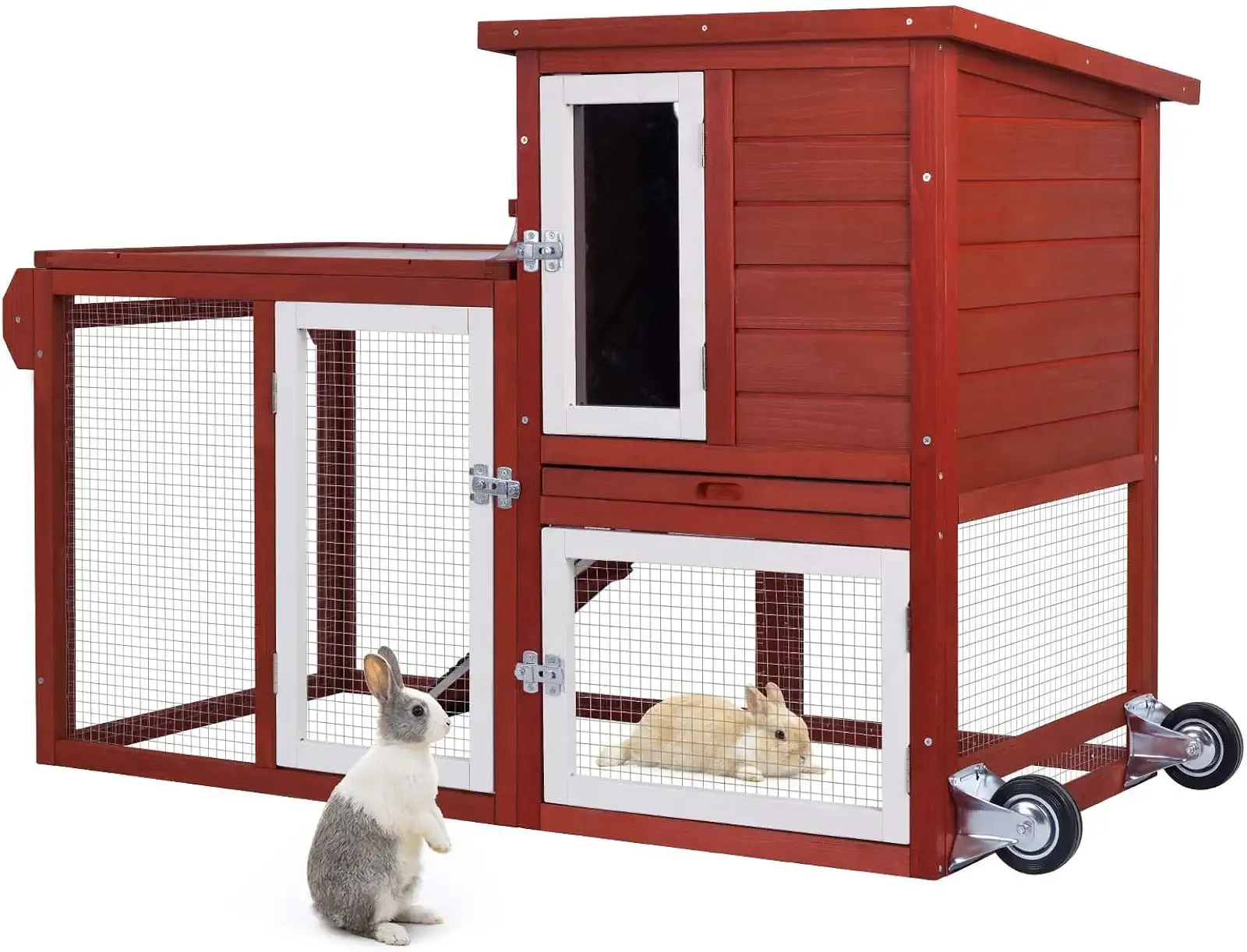 Rabbit Hutch Indoor Outdoor Bunny Cage Small Chicken Coop Asphalt Roof | UV-Resistant Roof, Pull-Out Tray, Secure Latch, Carry Handle, Rolling Wheels