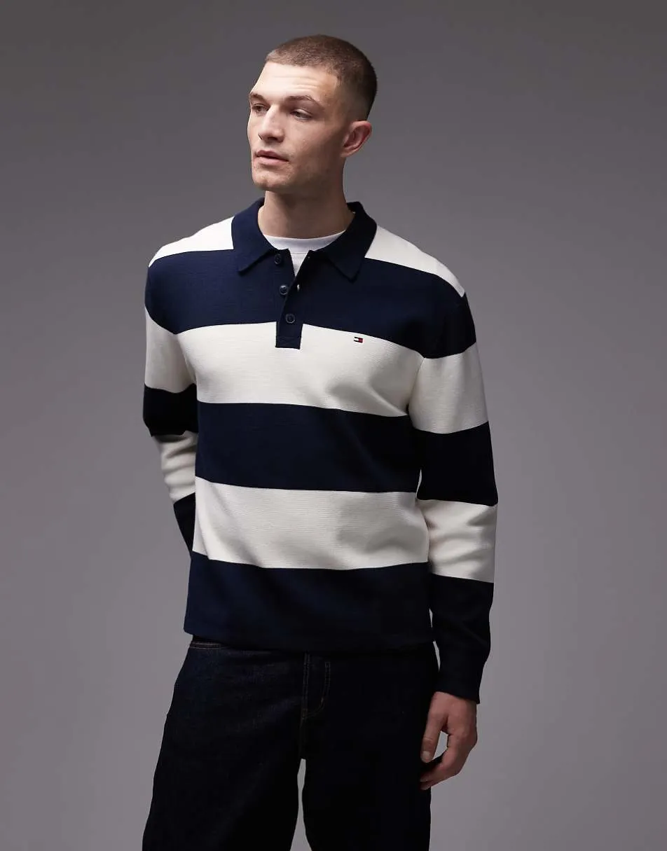 Tommy Hilfiger block stripe long sleeve rugby polo shirt in navy and cream