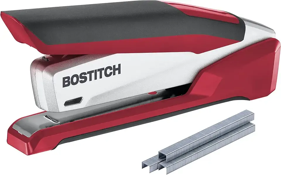 Bostitch Office InPower Spring-Powered Premium Desktop Stapler - One Finger, No Effort, Red/Silver (1117)