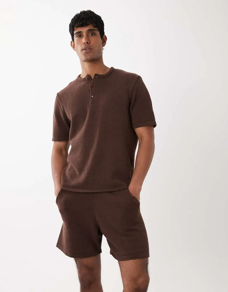 ASOS DESIGN knitted co-ord textured shorts in brown - BROWN