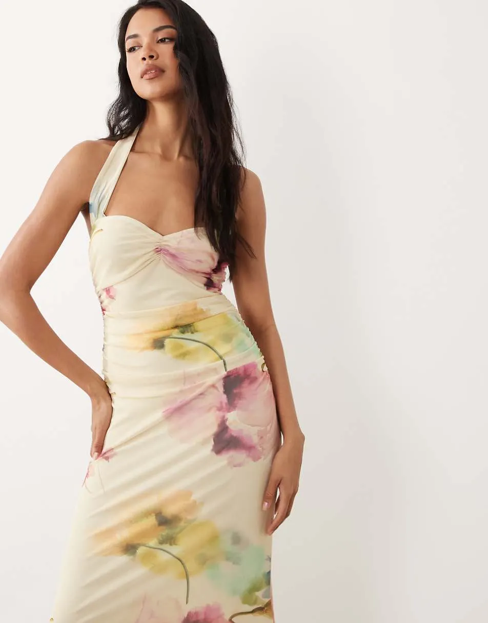 ASOS DESIGN floral printed sweetheart neck mesh fishtail maxi dress in buttermilk