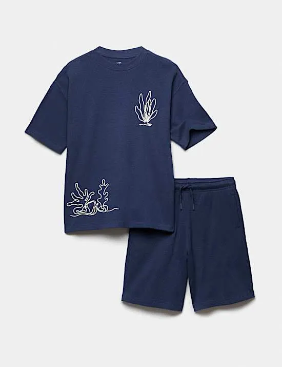 Oberteil und Shorts aus reiner Baumwolle mit Strukturmuster (6–16 Jahre)