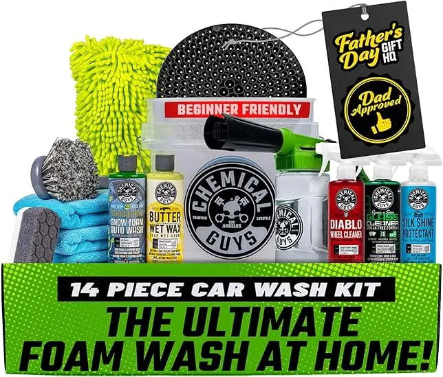 Chemical Guys Car Wash Kit 14-Pc Arsenal Builder - with Foam Blaster, Wash Bucket, Towels, Applicators, and 16 oz Soaps, Waxes, and Cleaners - Complete Car Detailing Gift Set, Works with Garden Hose