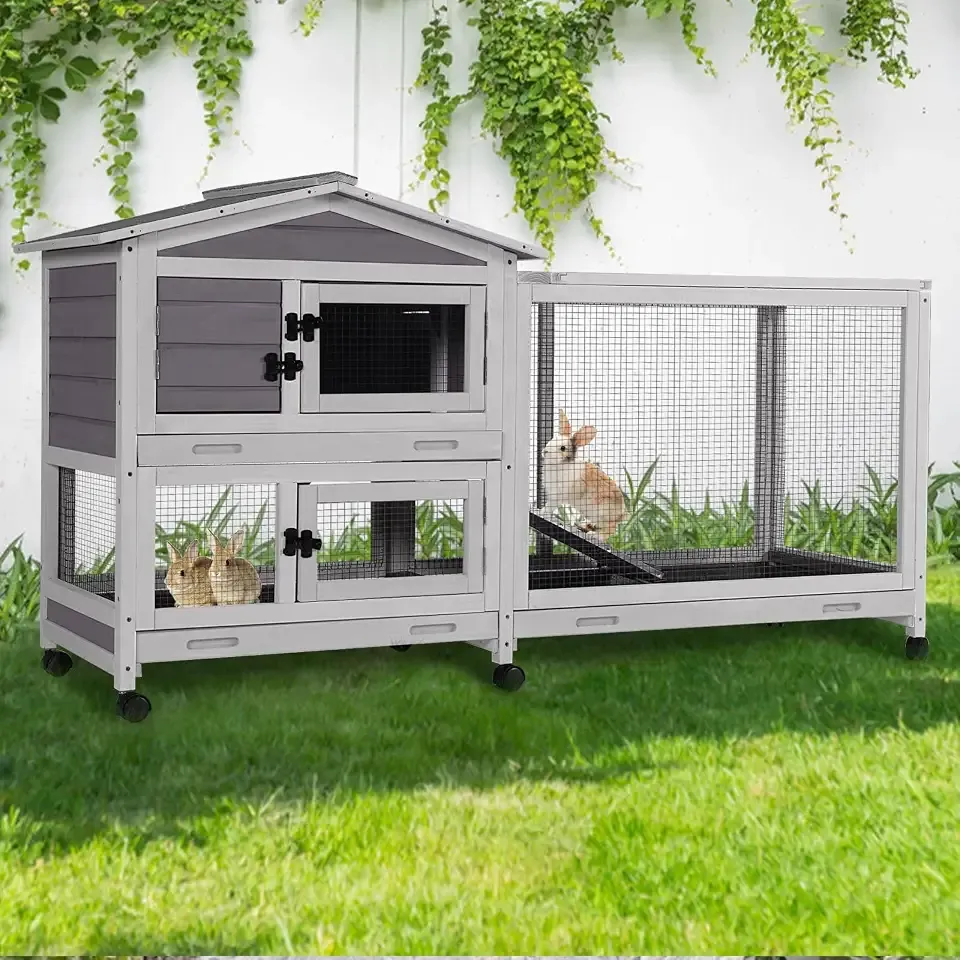 GUTINNEEN Large Rabbit Hutch Indoor with Chew-Proof Ramp, 62" L Wooden Rabbit Cage with 6 Casters, Bunny Cage with 2 Trays and 2 Story for Small to Medium Animals (Grey)