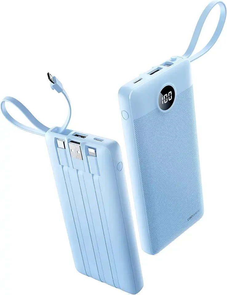 10000mAh Portable Charger, Slim Power Bank with Built-in Cables, Battery Pack 5 Outputs 2 Inputs LED Display Compatible with iPhone/Android & More (Blue)